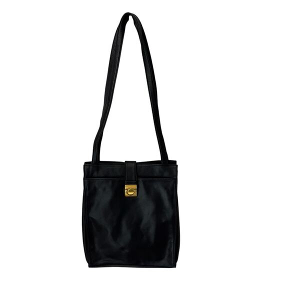 PRESWICK & MOORE Leather Shoulder Purse Double Handle Smooth Black Career - Picture 1 of 15